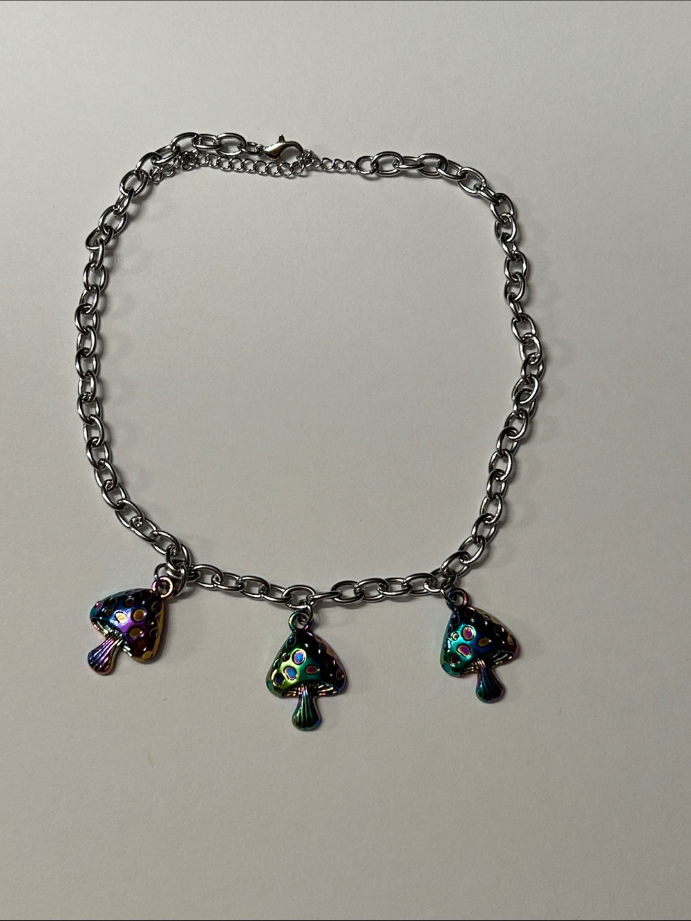 Iridescent Mushroom Charm Silver Chain Necklace